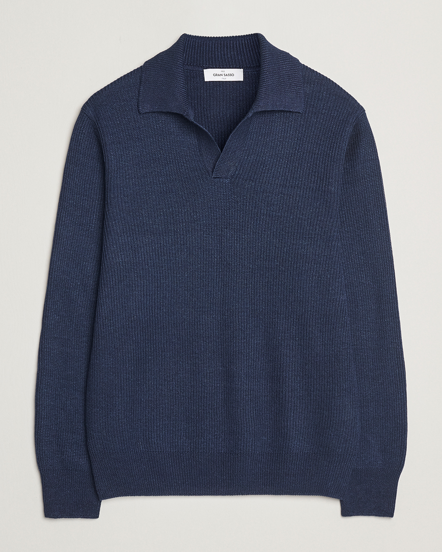 Mies | Puserot | Gran Sasso | Linen/Cotton Open Collar Knitted Polo Navy Melange