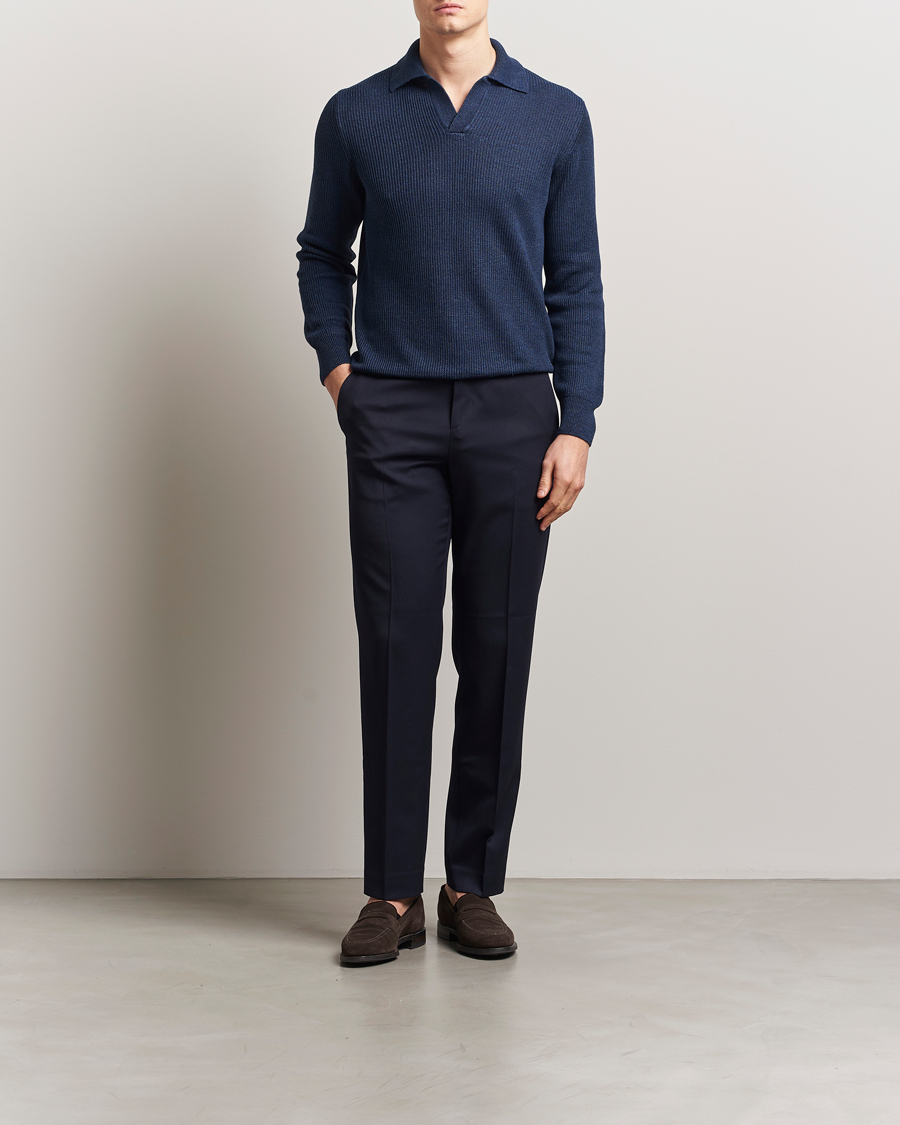 Mies | Puserot | Gran Sasso | Linen/Cotton Open Collar Knitted Polo Navy Melange