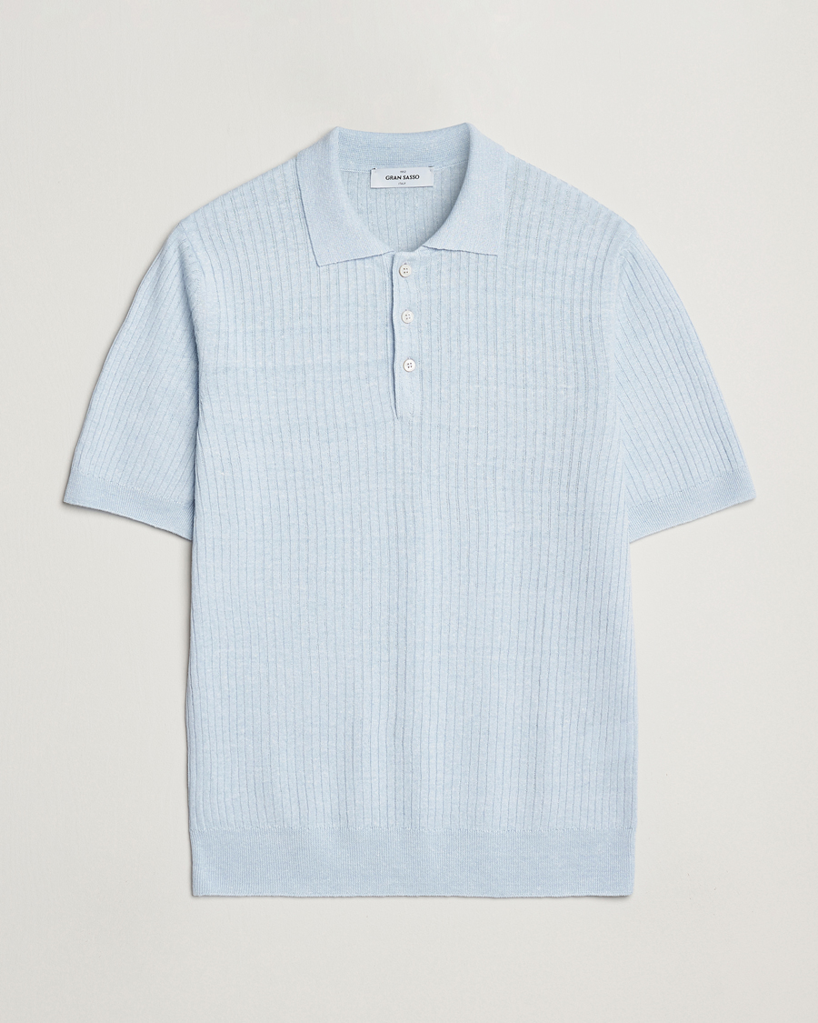 Mies | Pikeet | Gran Sasso | Linen/Cotton Structured Knitted Polo Blue Melange