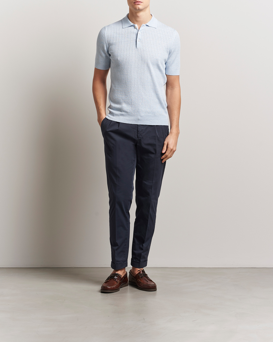 Mies | Pikeet | Gran Sasso | Linen/Cotton Structured Knitted Polo Blue Melange