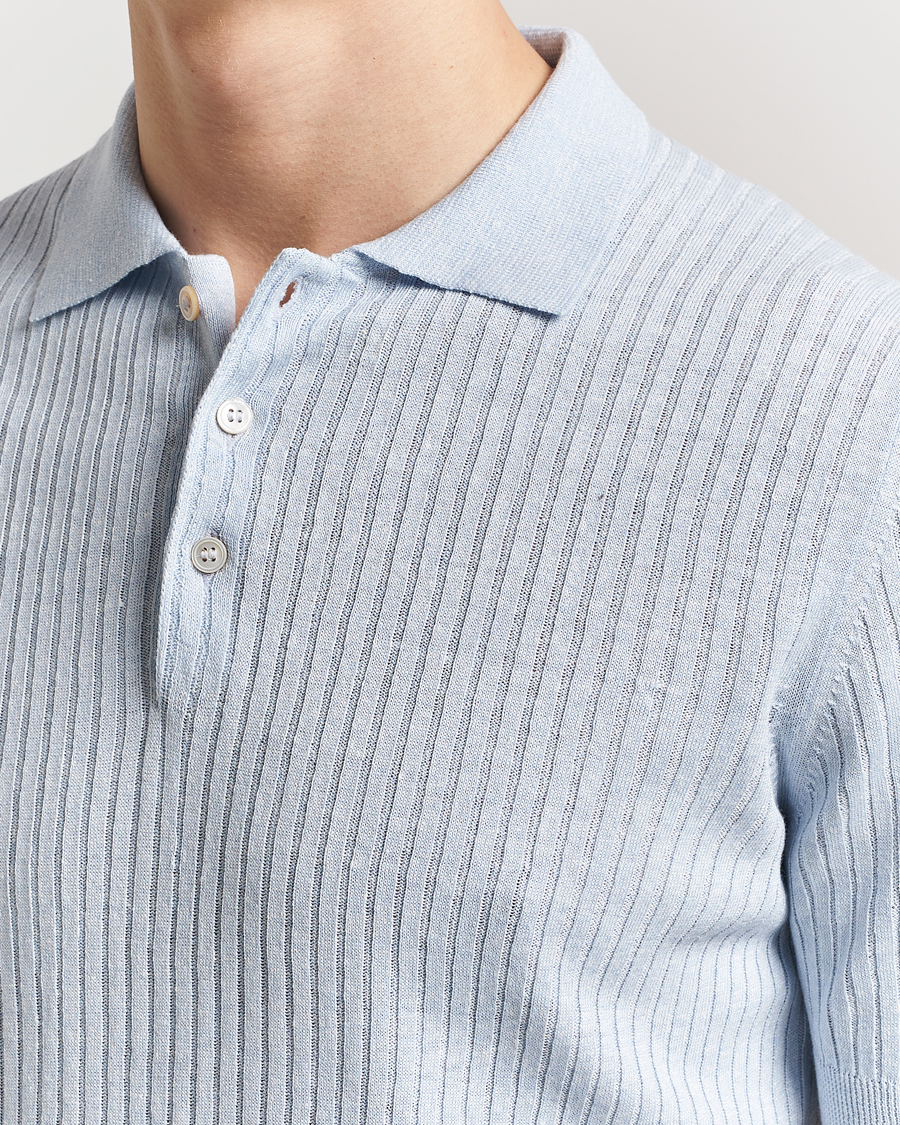 Mies | Pikeet | Gran Sasso | Linen/Cotton Structured Knitted Polo Blue Melange