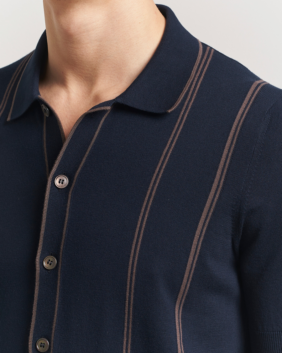 Mies | Kauluspaidat | Gran Sasso | Cotton Knitted Striped Short Sleeve Shirt Navy