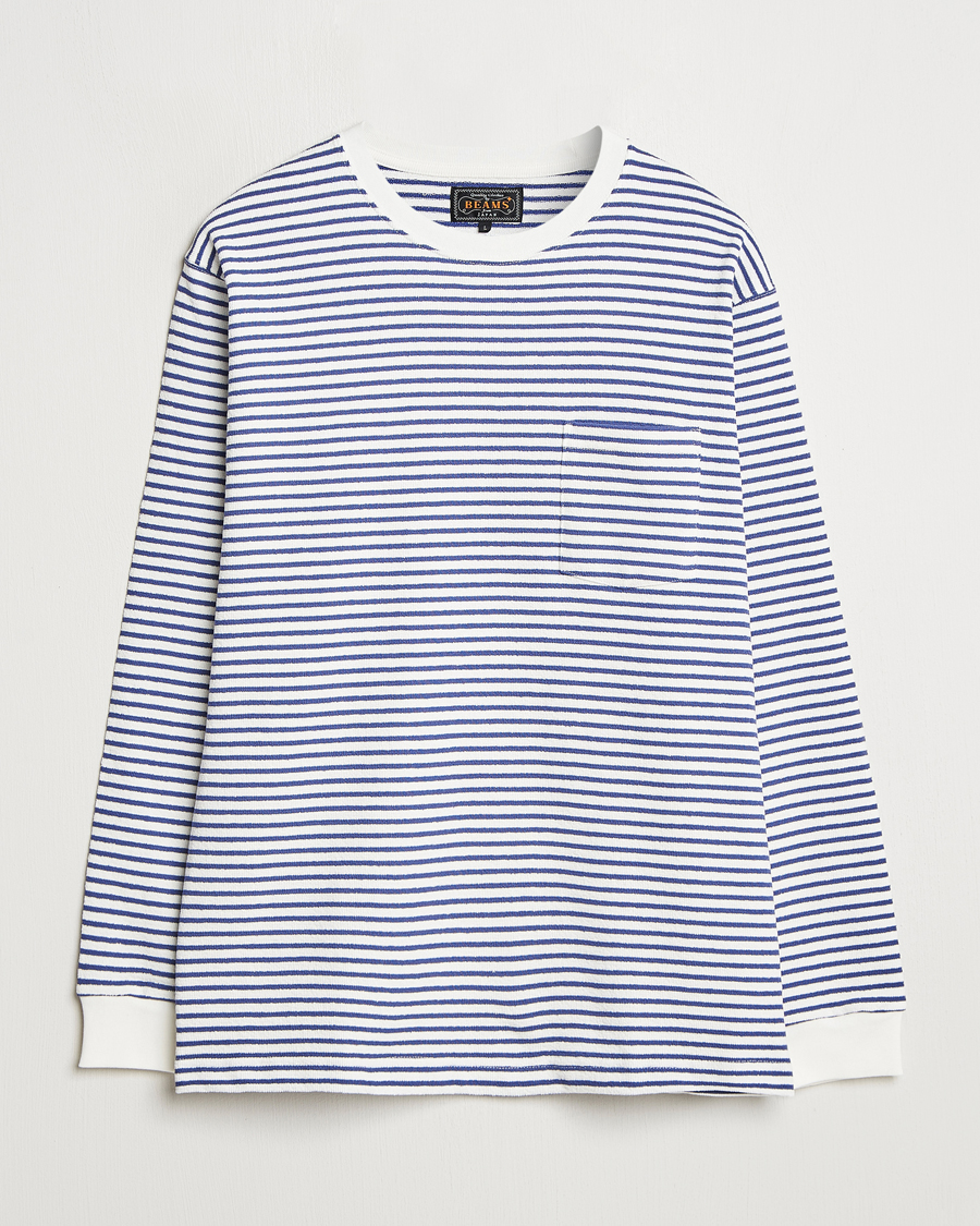Mies | T-paidat | BEAMS PLUS | Long Sleeve Striped Pocket T-Shirt White/Blue