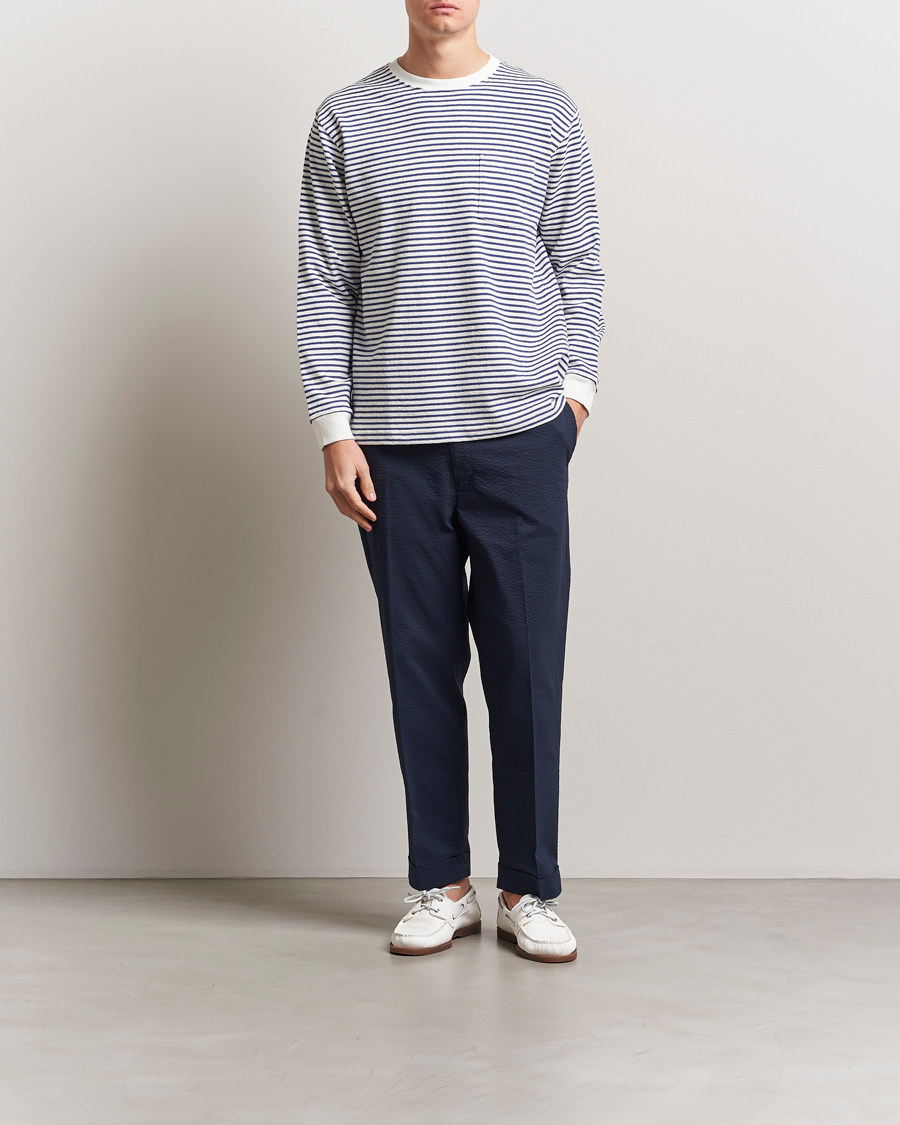 Mies | T-paidat | BEAMS PLUS | Long Sleeve Striped Pocket T-Shirt White/Blue