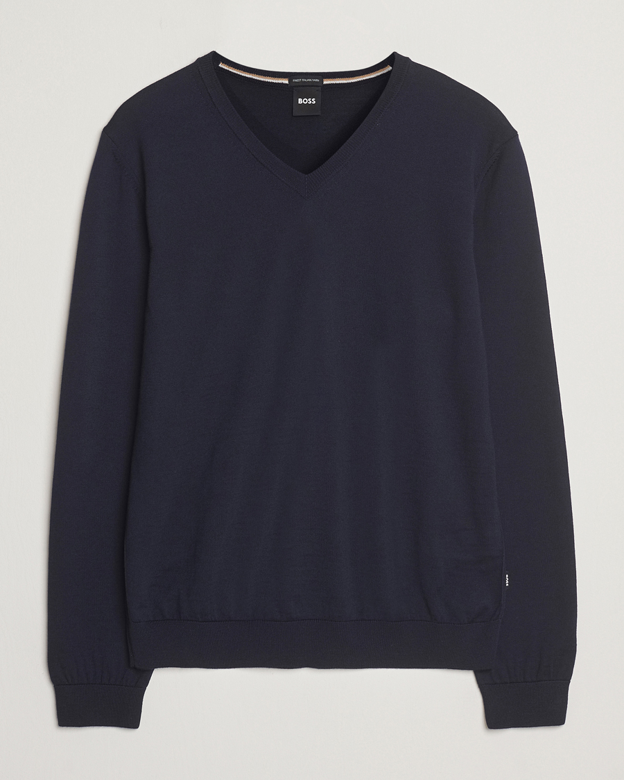 Mies | Puserot | BOSS BLACK | Melba Wool V-Neck Pullover Dark Blue