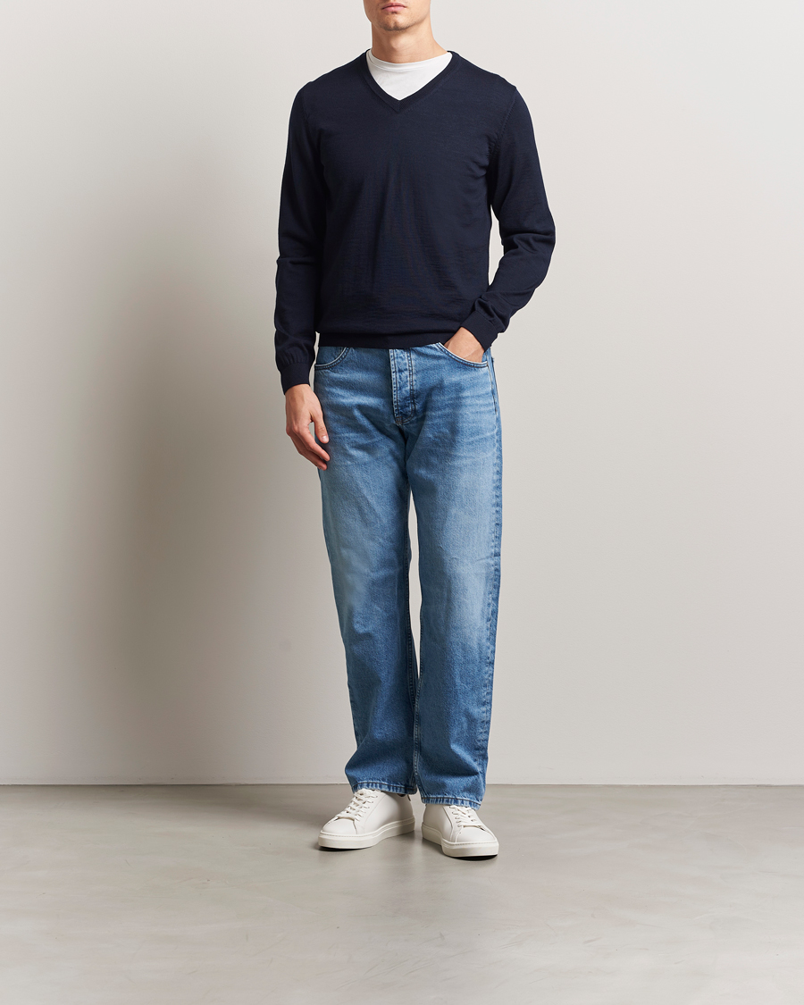 Mies | Puserot | BOSS BLACK | Melba Wool V-Neck Pullover Dark Blue
